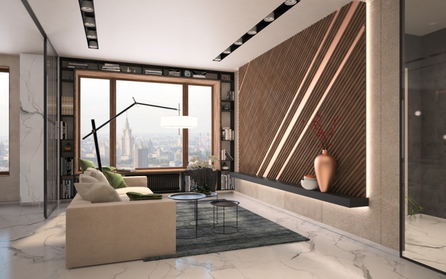 Зеркальная стена в гостиной в стиле Минимализм