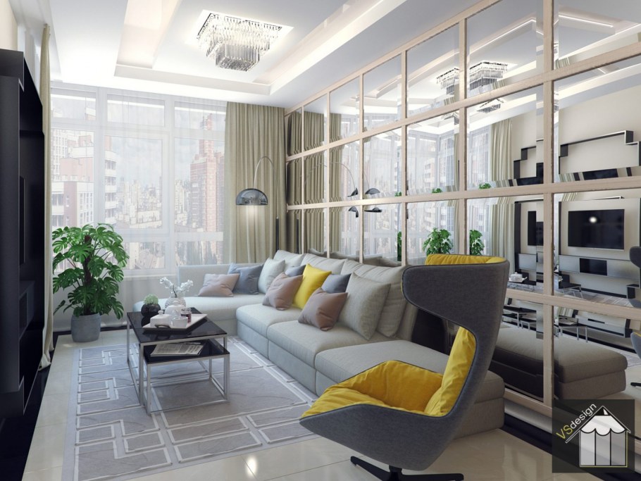 Зеркальная стена в интерьере гостиной для расширения пространства