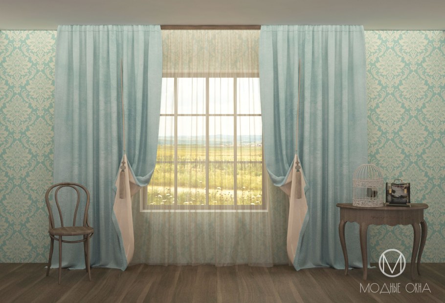 Голубые шторы с рисунком в интерьере