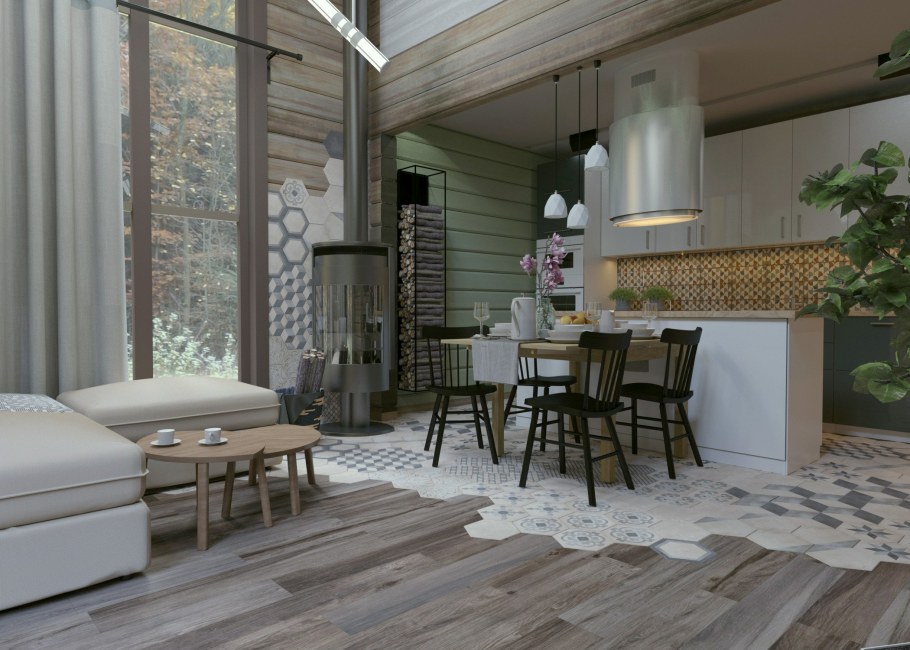 Кухня-гостиная в доме из клееного бруса