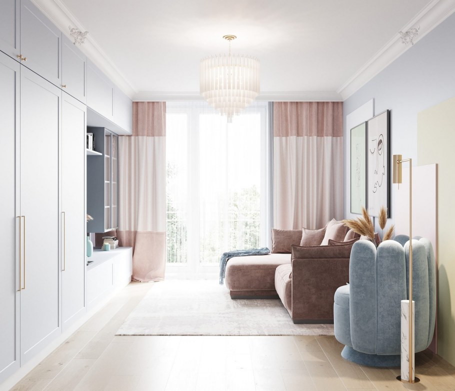 Современная гостиная в пастельных тонах