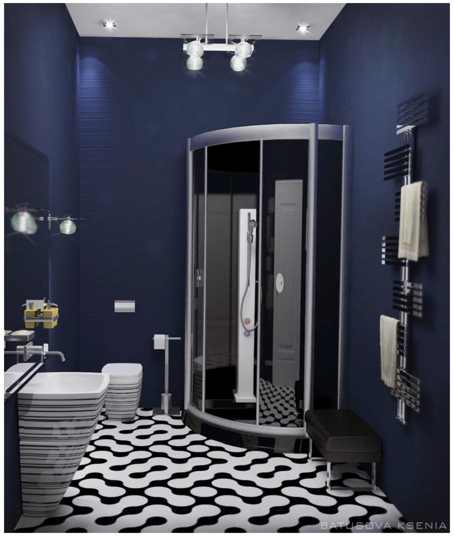 Темная ванная комната с душевой кабиной