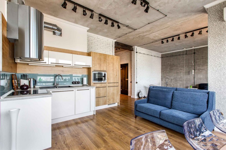 Кухня гостиная в стиле лофт 15 кв