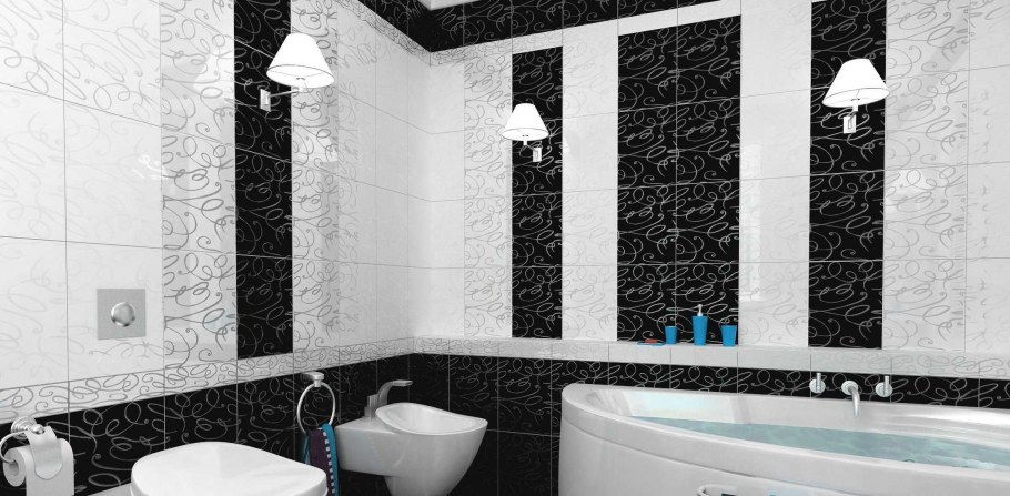 Сочетание белого и черного кафеля в ванной