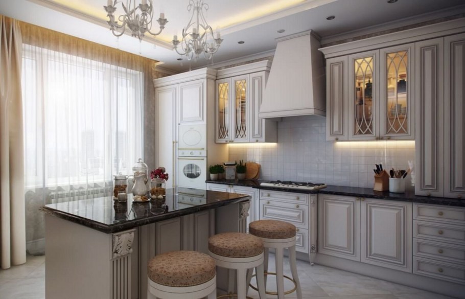 Интерьер кухни в классическом стиле в темных тонах