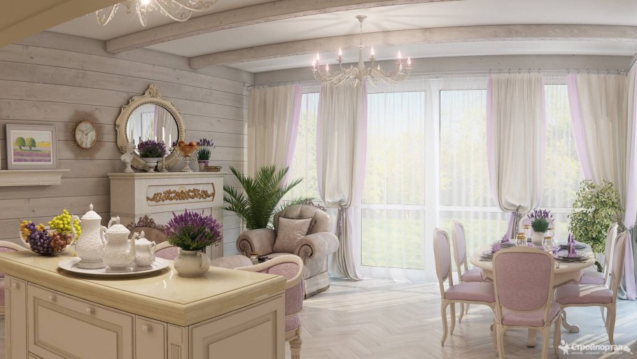 Кухня гостиная в стиле Прованс в загородном доме