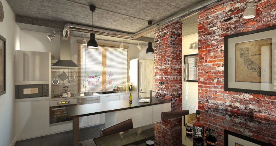 Кухня гостиная с кирпичной стеной