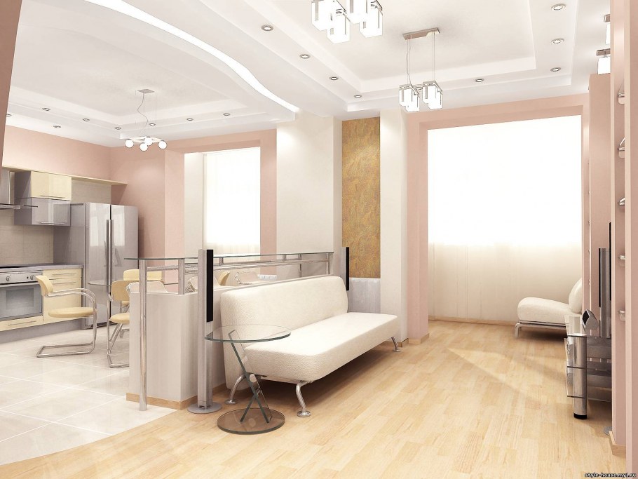 Совмещение пола кухни и гостиной