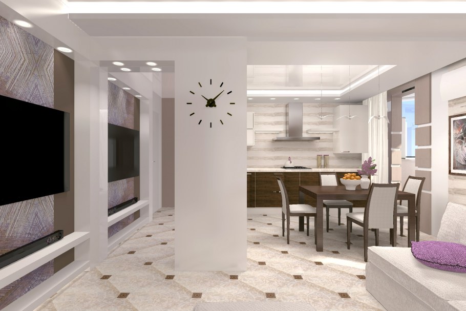 Плитка и ламинат в кухне гостиной