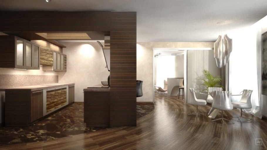 Зал совмещенный с кухней в частном доме