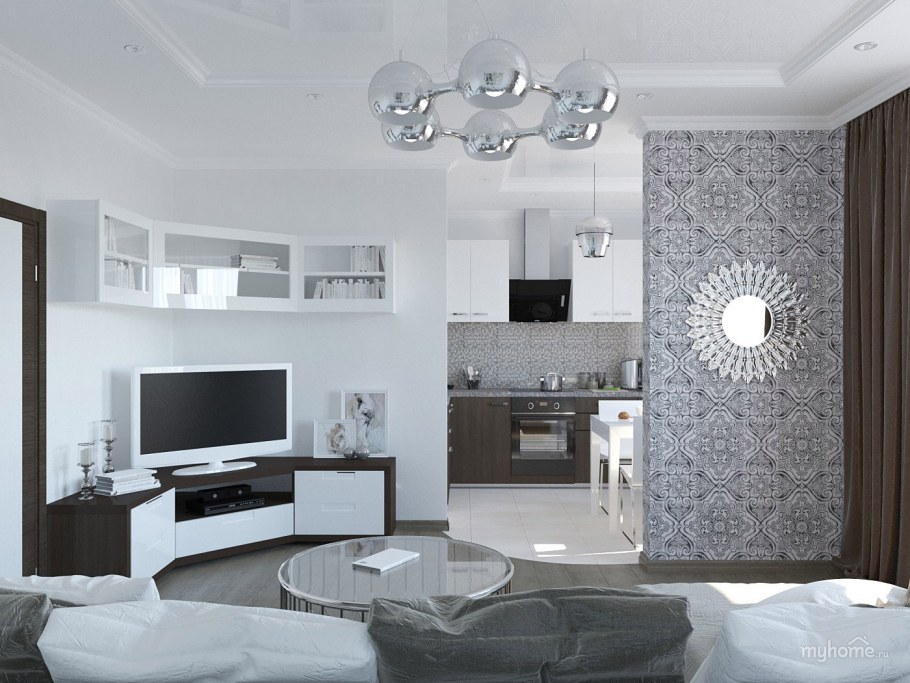 Пара небольших плоских люстр для квартиры-студии