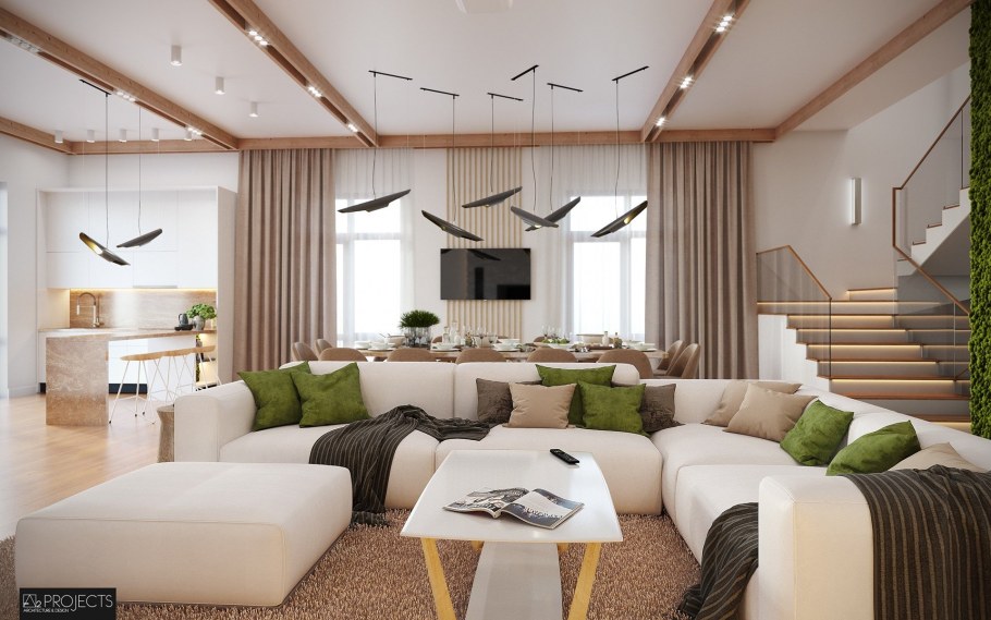 Гостиная в загородном доме в эко стиле