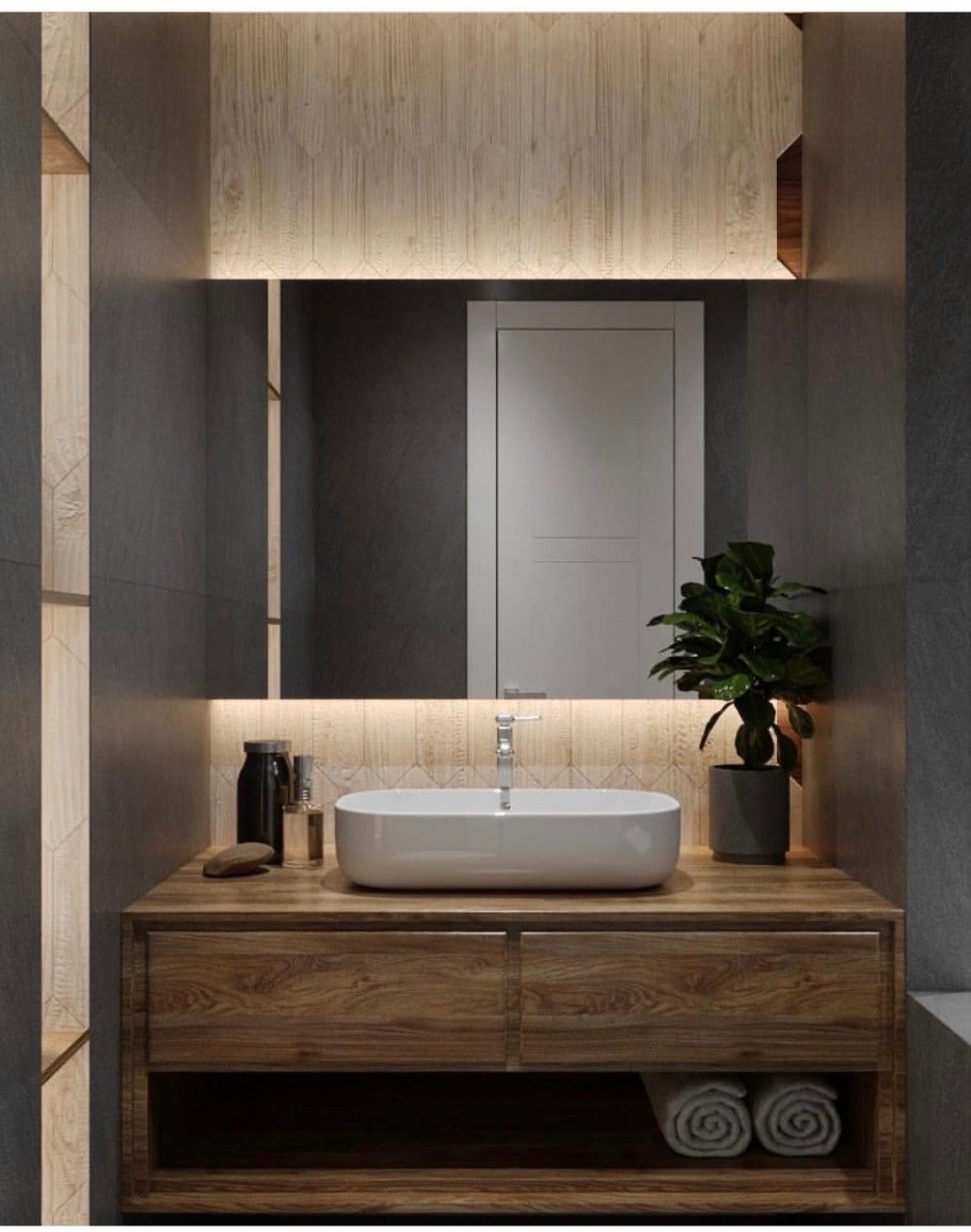 Узкая тумба с раковиной для ванной