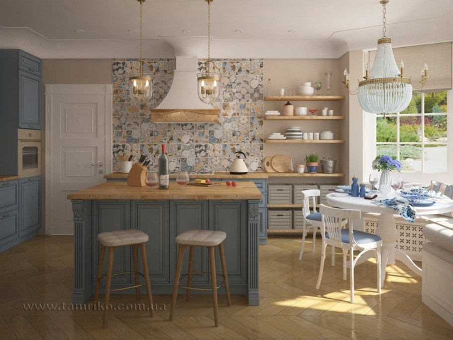 Интерьер кухни в стиле Кантри с обоями