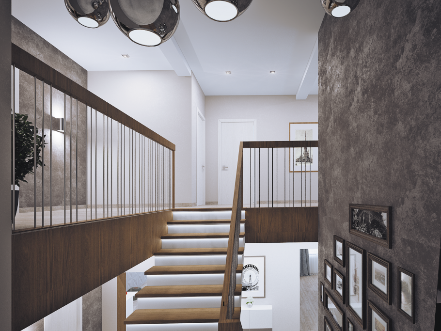 Холл на 2 этажа с лестницей в стиле минимализма