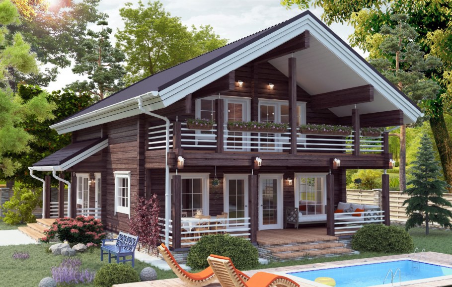 Бревенчатый дом с двускатной крышей