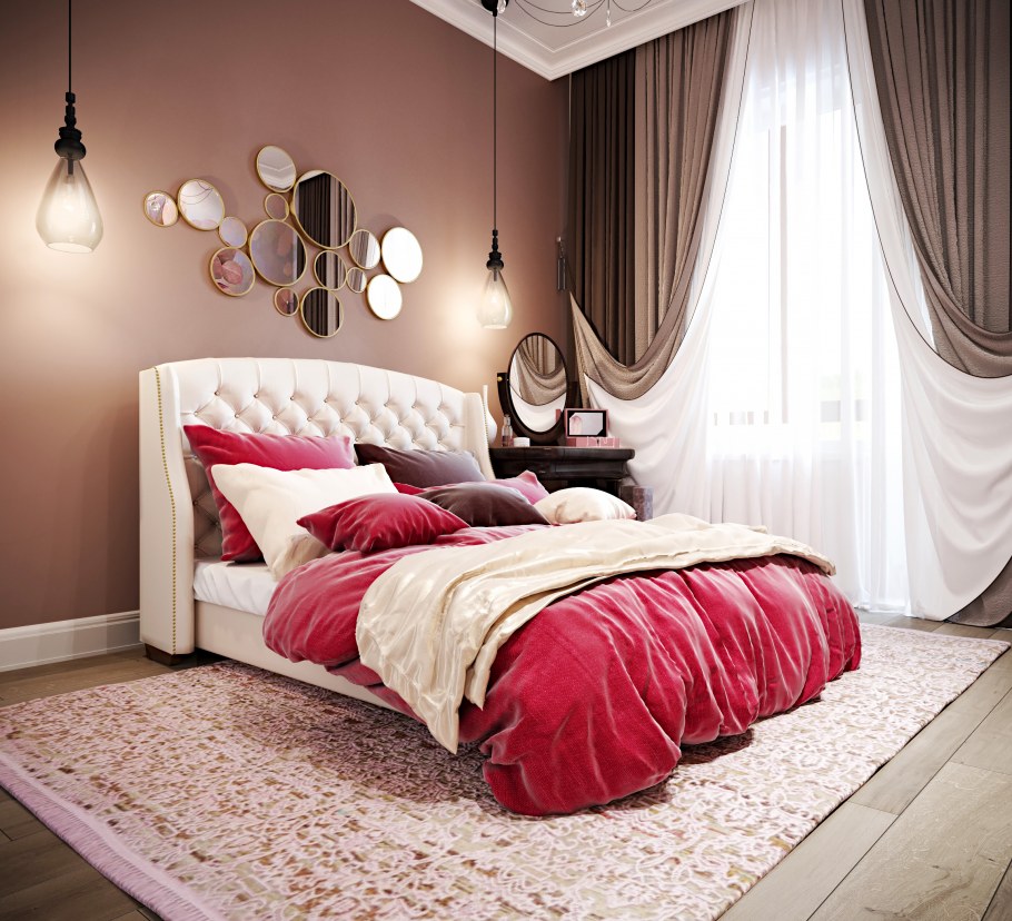 Спальня в классическом интерьере с цветным бельем