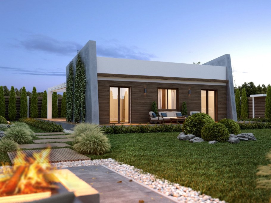 Одноэтажный дом с плоской крышей в стиле Минимализм