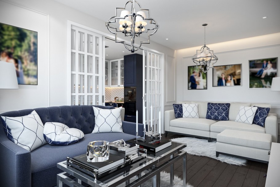 Кухня гостиная с серым диваном