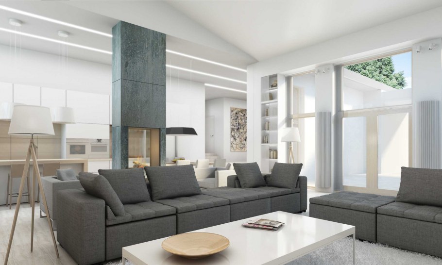Гостиная с серым диваном в минималистическом стиле