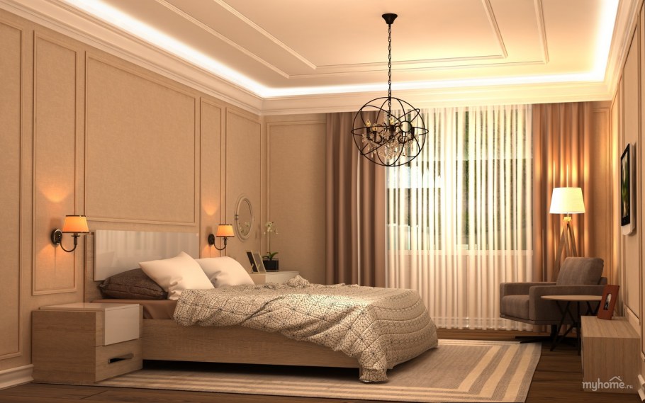 Спальня с молдингами на стенах в современном интерьере