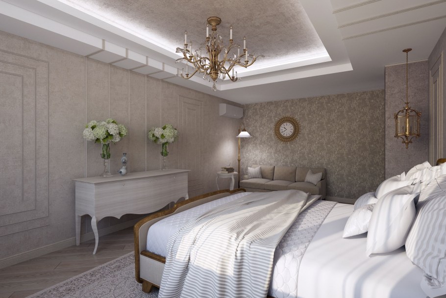 Спальня в бежевых тонах классика с молдингами