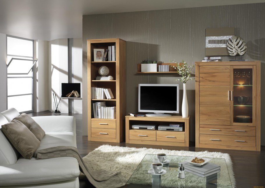 Гостиная с мебелью цвета дерева