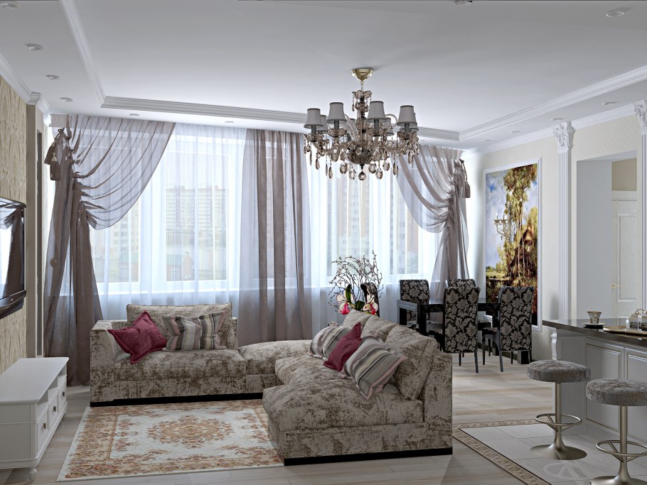 Занавески в гостиную с двумя окнами