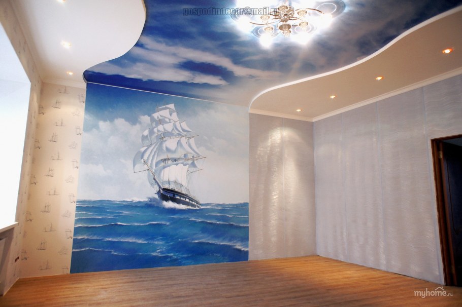 Натяжные потолки на стене с рисунком