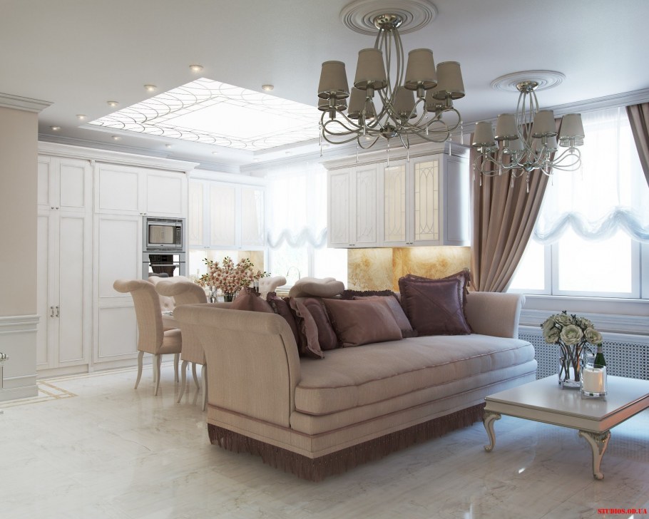 Кухня гостиная белая Неоклассика