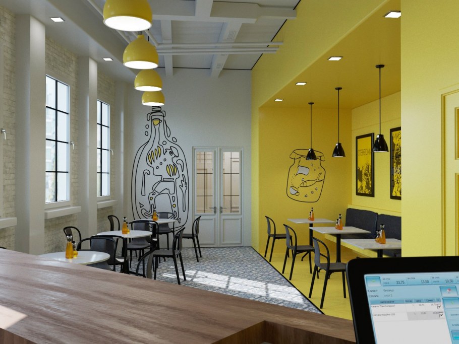 Желтый интерьер кафе