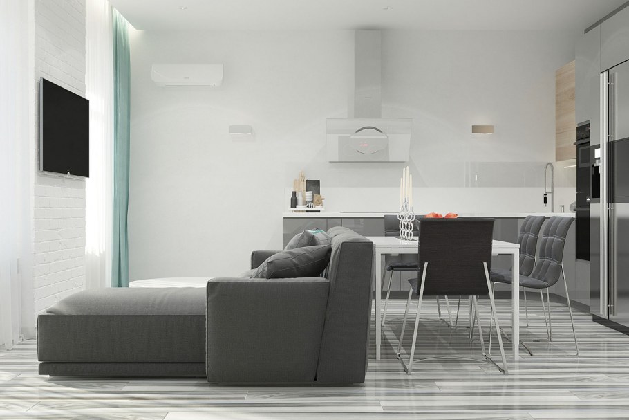 Гостиная+кухня в стиле Минимализм в серых тонах