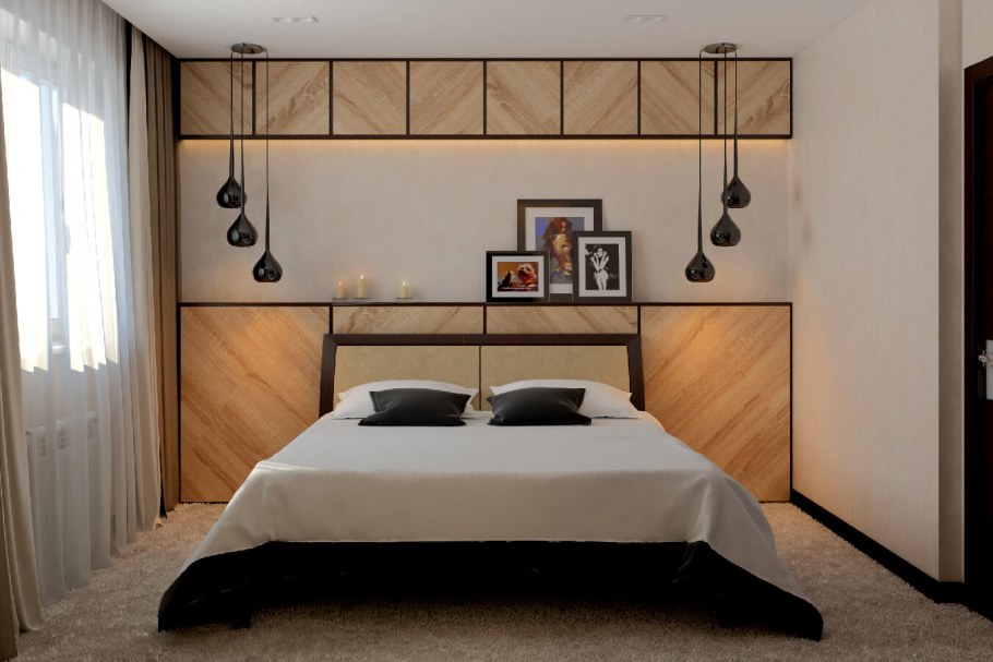 Спальня с полками над кроватью