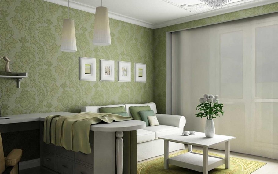 Фисташковый цвет стен в зале