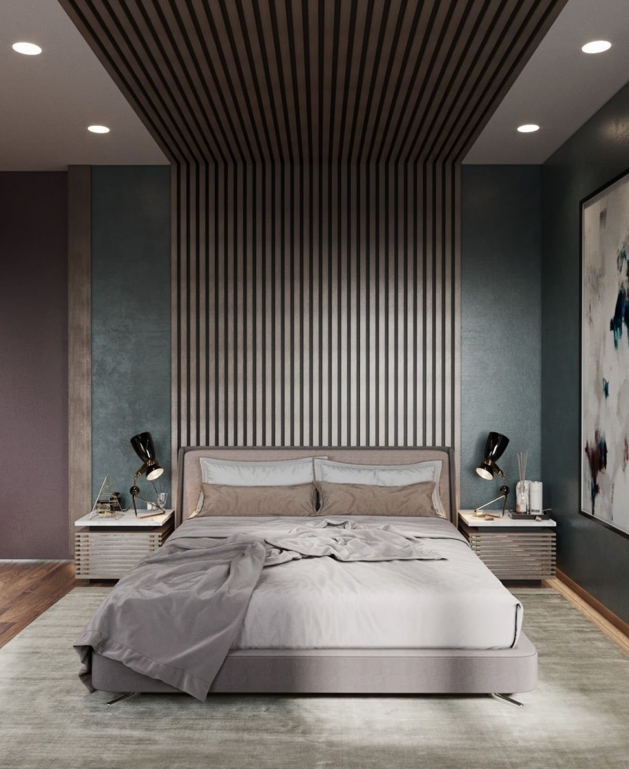 Деревянные рейки в спальне