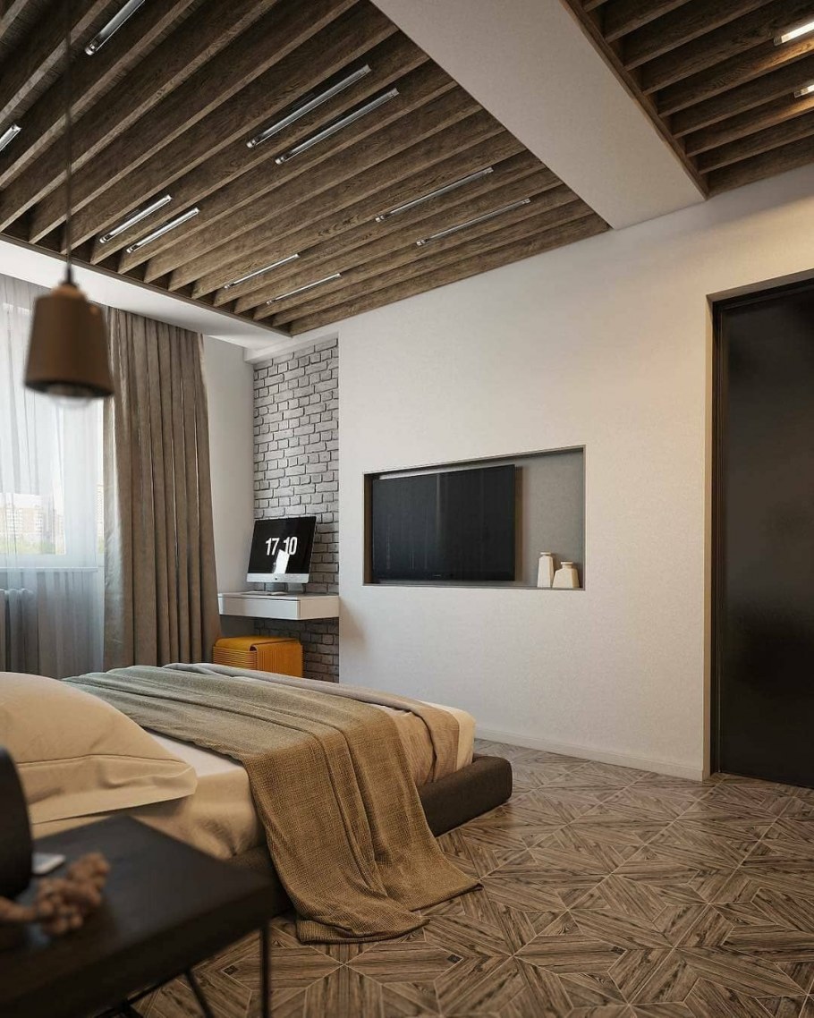 Деревянные панели за кроватью