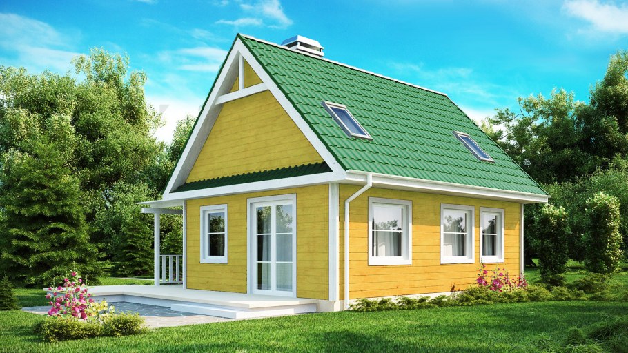 Желтый дом с зеленой крышей