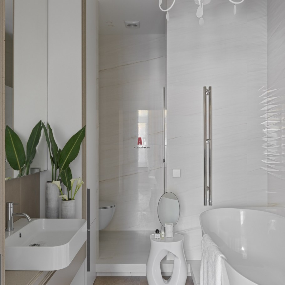 Санузел в белом цвете с деревом и зеркалами