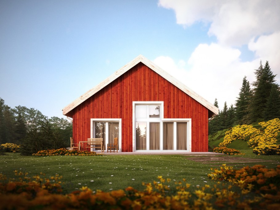 Одноэтажный барнхаус природные фасады в лесу