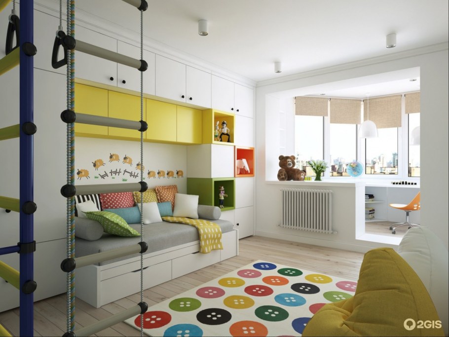 Интерьер комнаты кухни гостиной с детским уголком