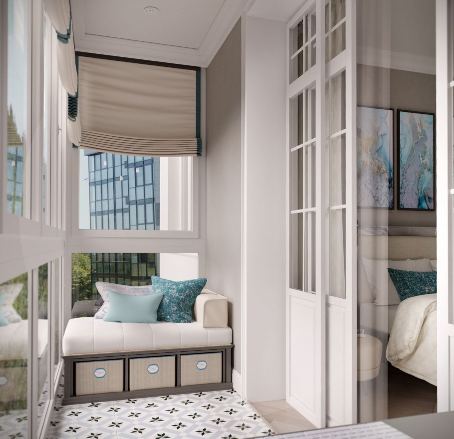 Балкон застекленный дизайн мягкая кровать