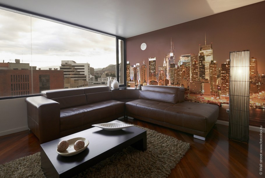 Фотообои в гостиной за диваном