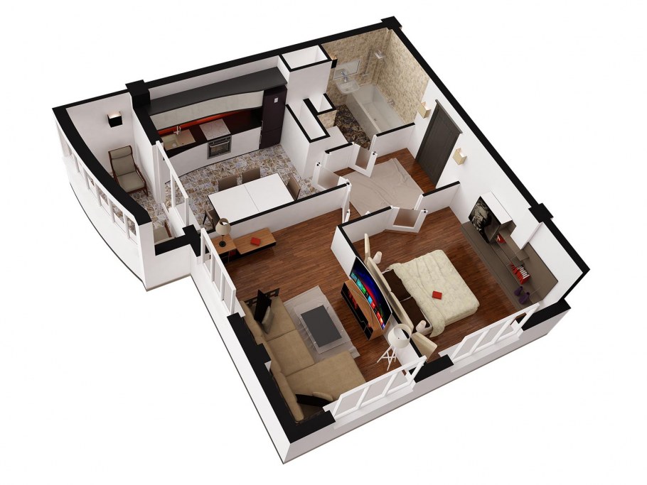 Планировка 2-х комнатной квартиры 3д