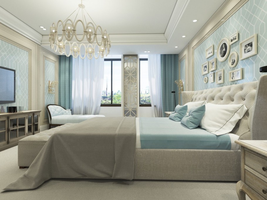 Бежево голубая спальня