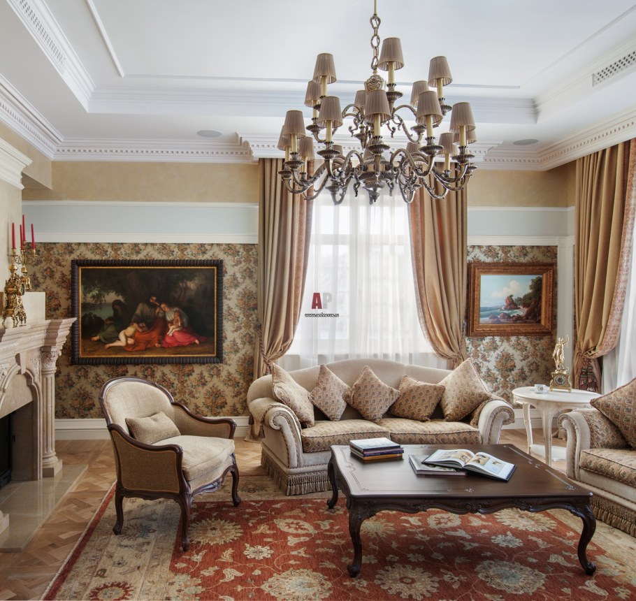 Гостиная в классическом стиле в доме