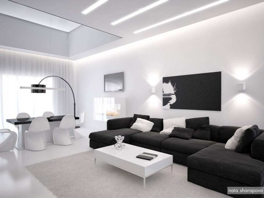 Бело черный интерьер гостиной