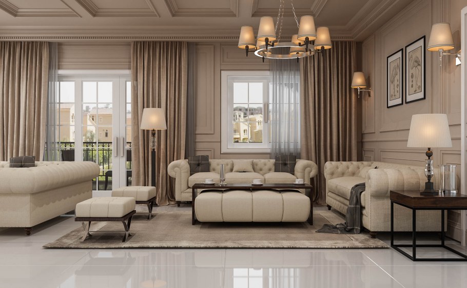 Классический стиль зала в бежево коричневых тонах