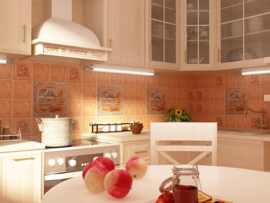 Персиковая плитка на кухне