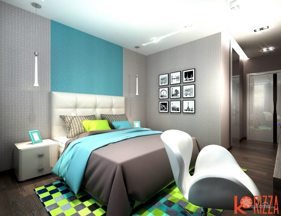 Спальня в серых тонах с яркими акцентами