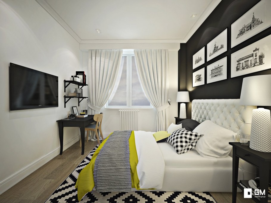 Белая спальня с черными акцентами
